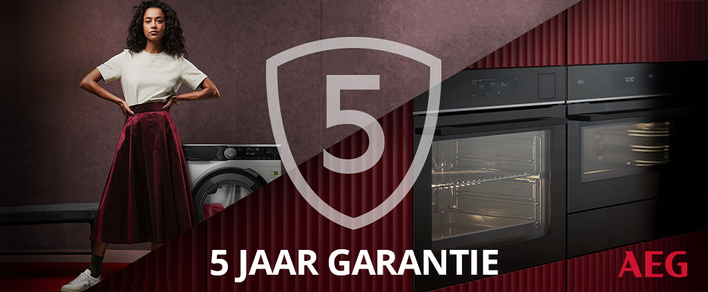 Krijg maar liefst vijf jaar garantie op geselecteerde apparaten. Deze selectie omvat wasmachines, drogers en verschillende soorten keukeninbouwapparatuur zoals ovens en kookplaten van AEG. 