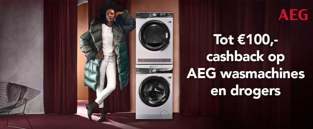 Krijg tot € 100 cashback bij aankoop van een wasmachine, droger of was-droogcombinatie. Deze actie is geldig van 1 maart t/m 14 juni 2026. 