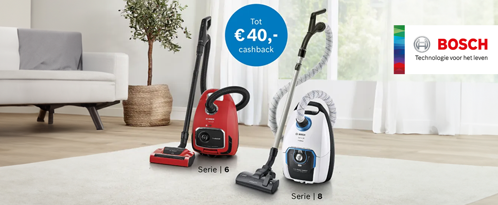 Nu tot € 40,- cashback op Bosch Serie 8 & Serie 6 stofzuigers met stofzak.