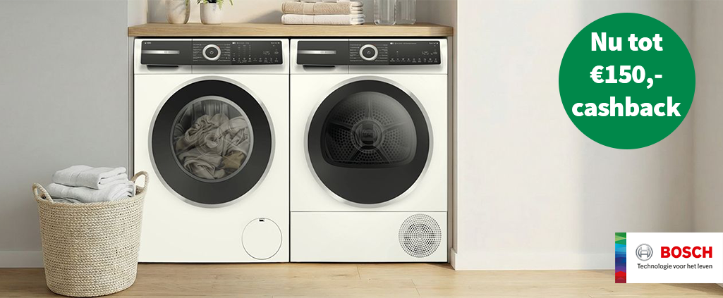 Krijg tot € 150 cashback bij aankoop van een Bosch wasmachine, droger of was-droogcombinatie! 