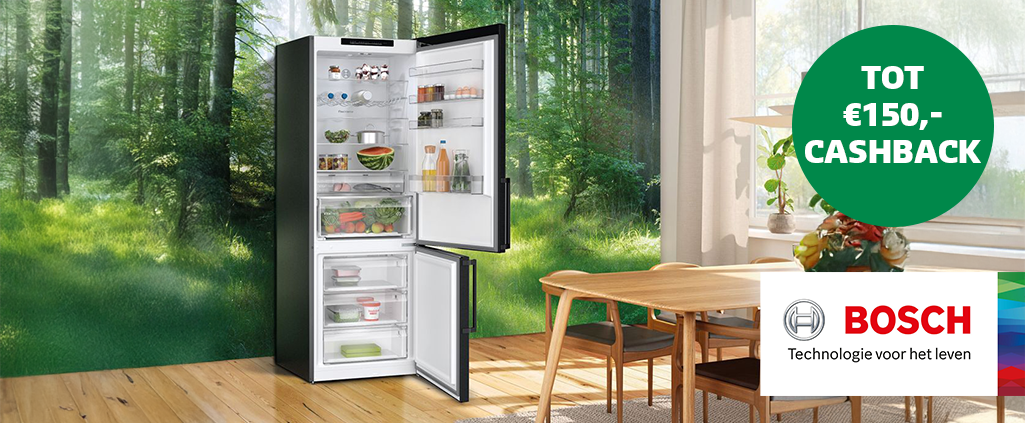 Nu tot €150,- cashback op diverse geselecteerde koel-vriescombinaties, koelkasten en vriezers van Bosch!
