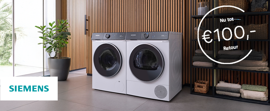 Nu tot €100,- cashback op diverse geselecteerde wasmachines en drogers van Siemens!